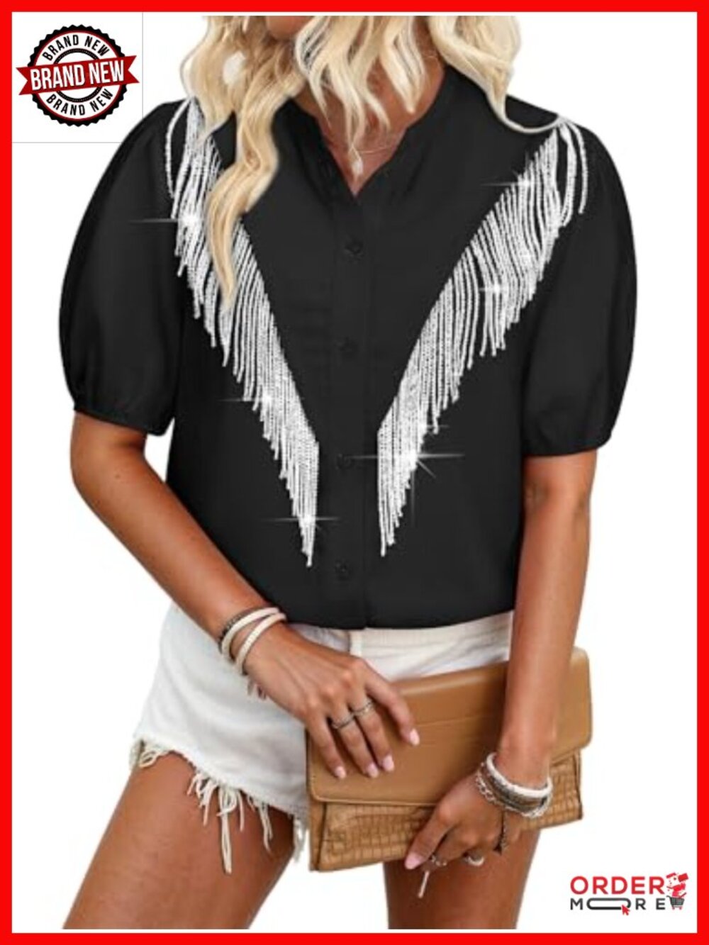 Puff Sleeve Sparkly Fringe Western Button Down Cowgirl Shirt Country Concert Top
